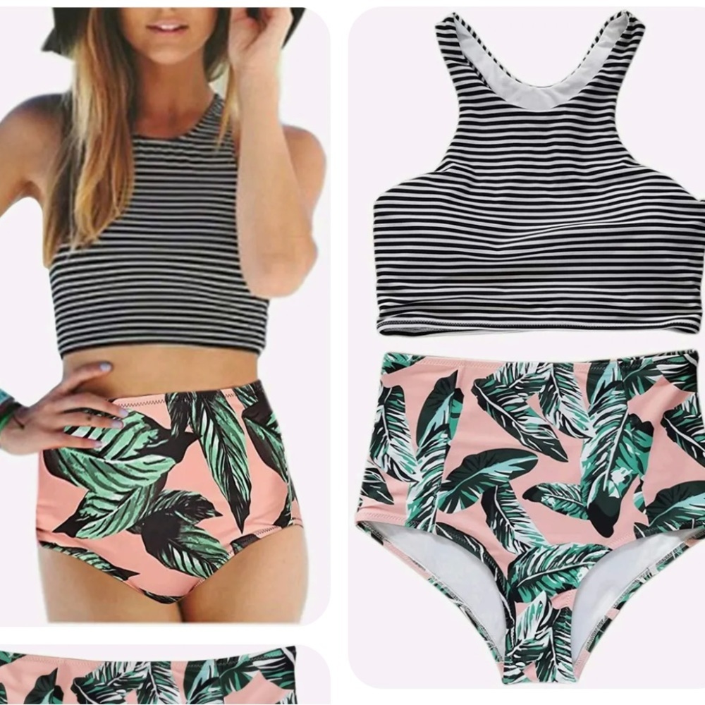 Mansy Women’s 2PCS Strip High Waisted Bikini Swimsuit US XL NEW